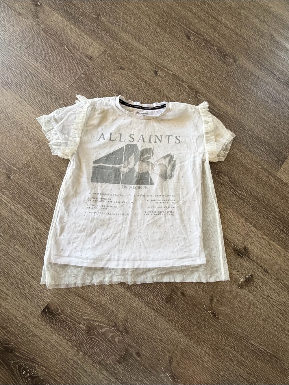 All Saints White Graphic Tulle Sleeve Tee